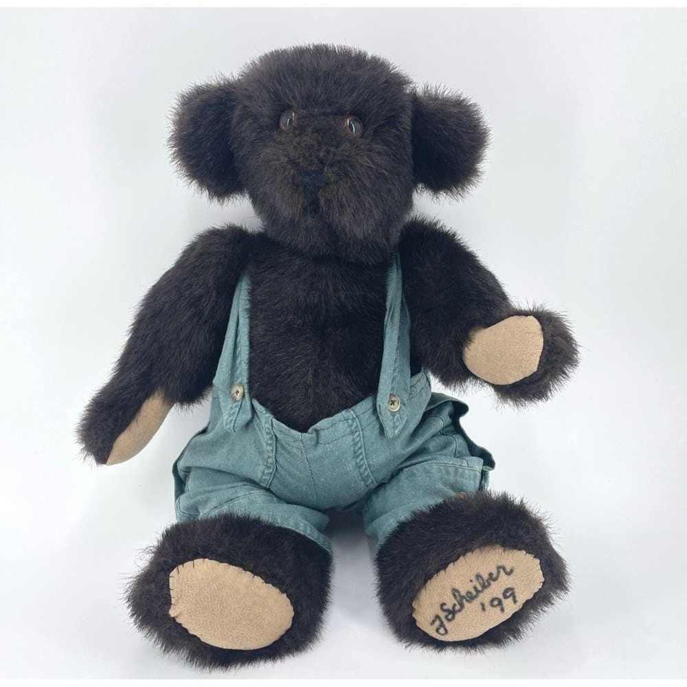 Hand Crafted‎ Artisan Jointed Mohair Stuffed Boy Bear Overalls Signed Scheiber